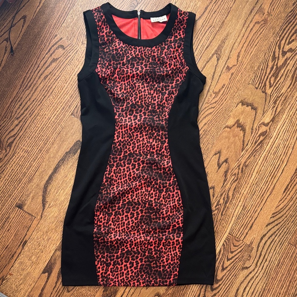 Red Leopard Print Panel Sheath Dress